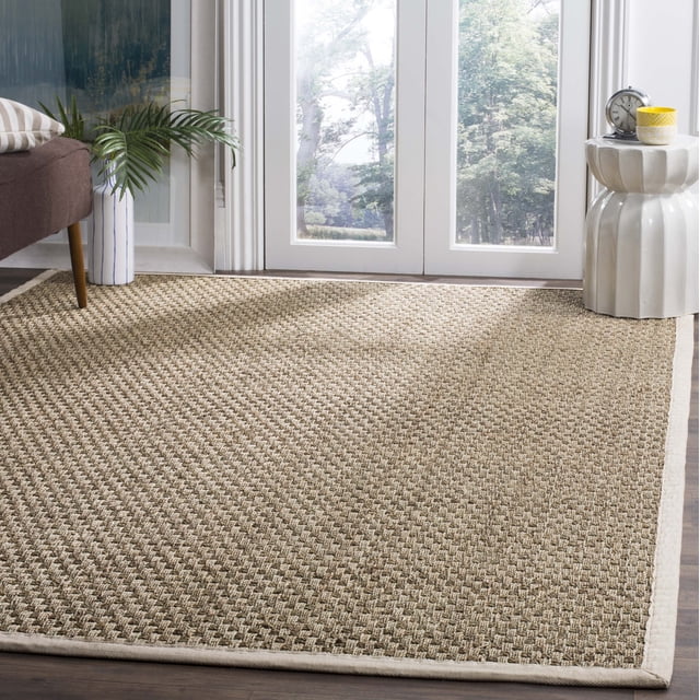 Safavieh Natural Fiber Collection NF114J Border Basketweave Seagrass Area Rug, 9' x 9' Square, Ivory
