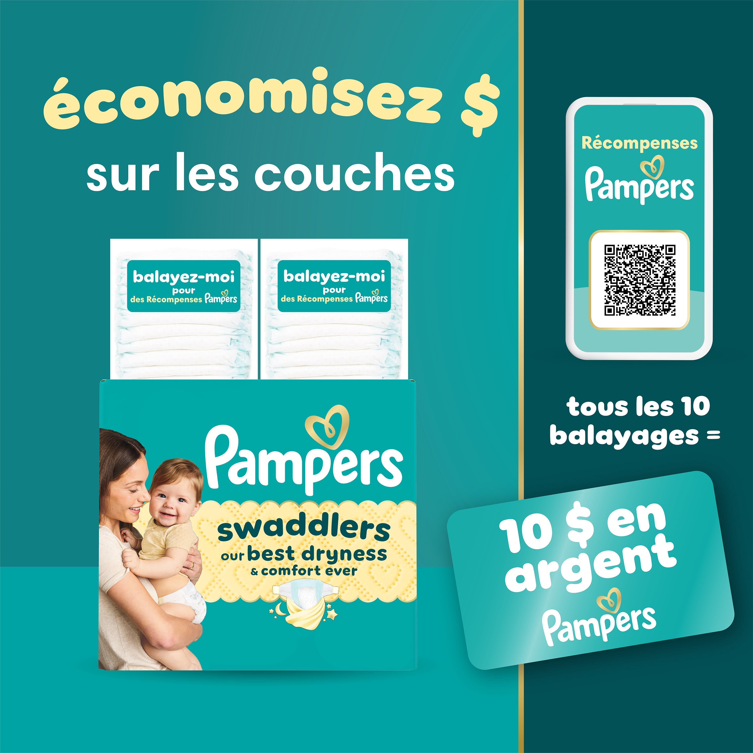 Pampers Swaddlers Couches, Taille 3 (13-26 lbs), Absorbantes, Garde Bébé au Sec et Confortable, Couche Jetable pour Bébé Sans Danger pour la Peau