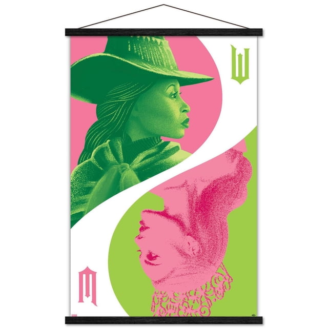 Wicked - Reflection Wall Poster with Push Pins, 22.375" x 34" depicting two stylized profiles in green and pink facing opposite directions separated by a white curved line, featuring a green hat and cape on the upper figure and a pink crown on the lower figure, set against contrasting pink and green circular backgrounds, suitable for bedroom, office, or dorm wall decoration.