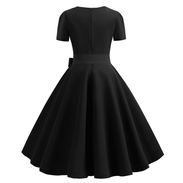 Robe Vintage Évasée pour Femmes, Ligne A, Nœud, Bal, Swing, Manches Courtes, Pois, Unie, Robe de Soirée