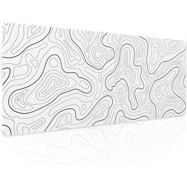 White Topographic Contour Gaming Mouse Pad - XL Geographic Map Lines, Minimalist Extended Large Mat, Non-Slip Rubber Base, Stitched Edge, Long Keyboard Pad for Computer, 31.5x11.8 Inch