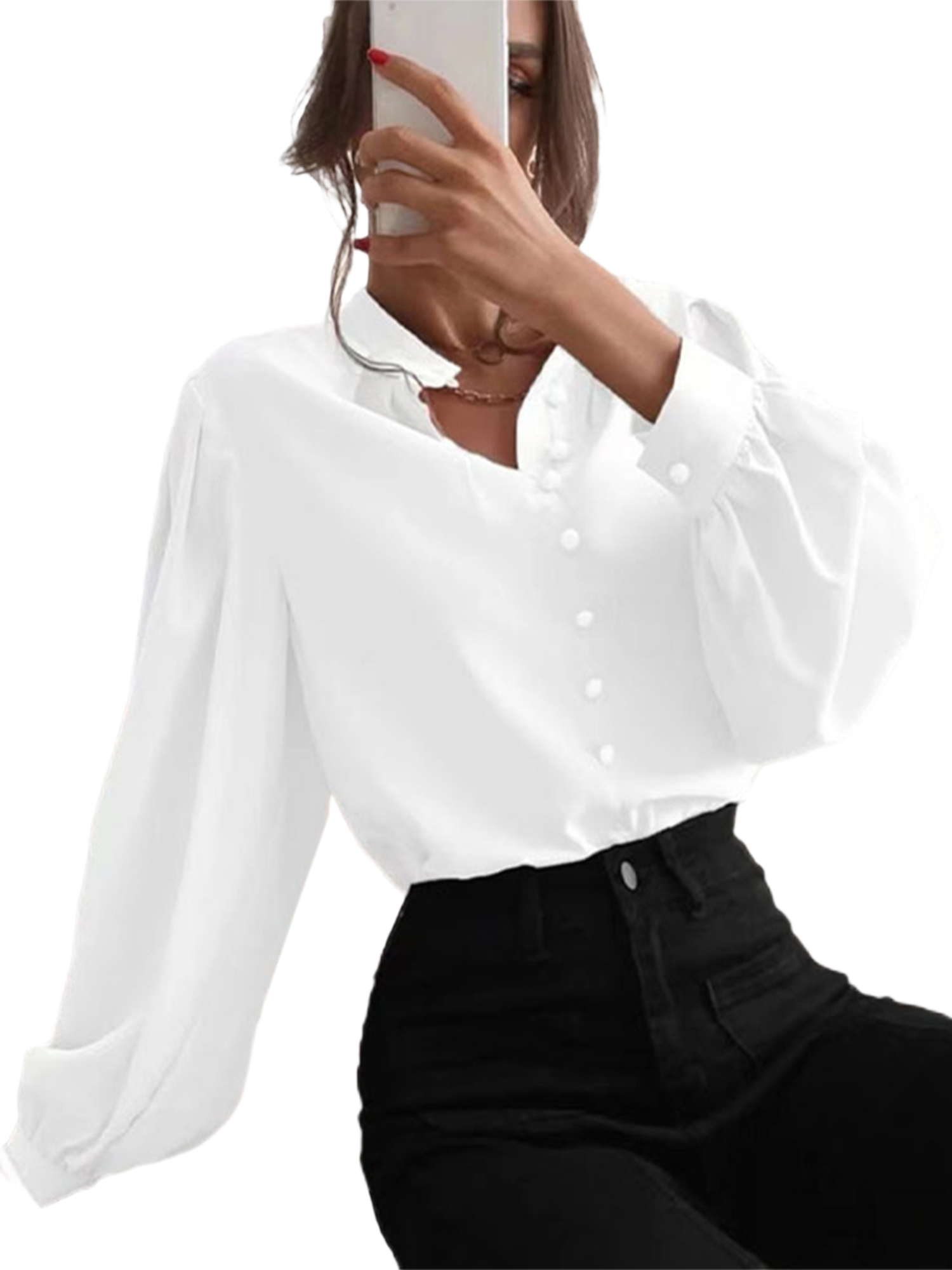 LUXUR Hauts à Manches Longues pour Femmes Chemises de Travail Amples Blanc TTG