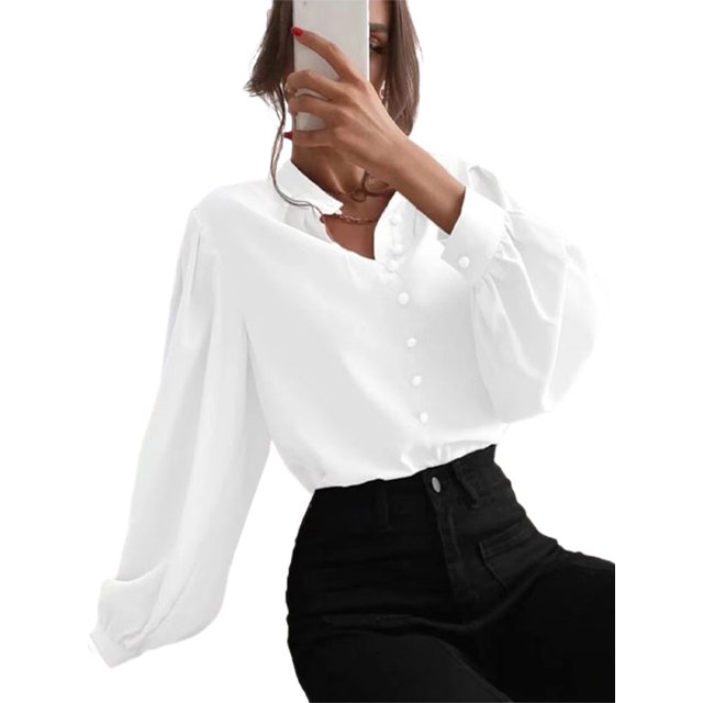 LUXUR Hauts à Manches Longues pour Femmes Chemises de Travail Amples Blanc m