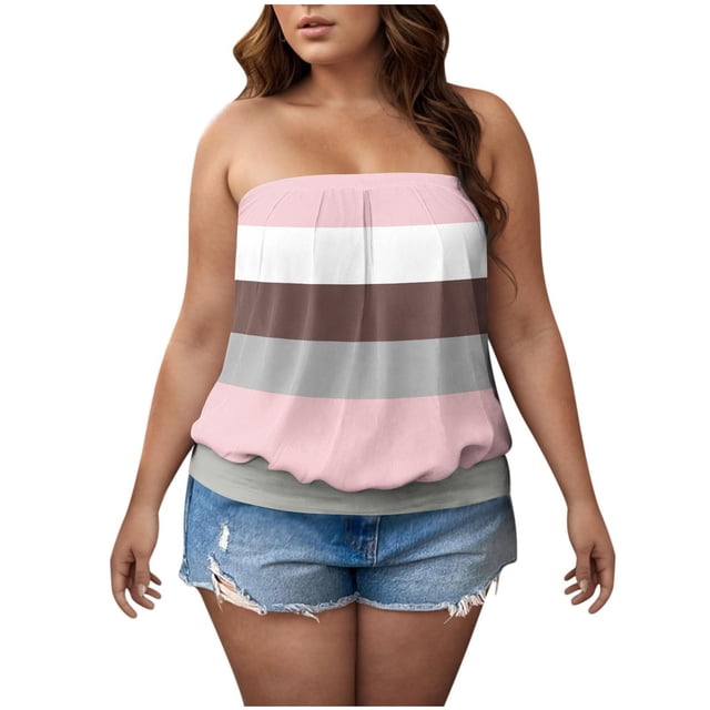Posijego Women's Tube Tops Plus Size Going out Strapless Tank Top Striped Color Block Sleeveless Shirts