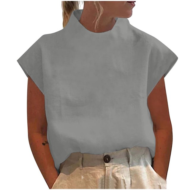 Olyvenn Hauts en Coton et Lin pour Femmes, Chic, Manches Cap, T-Shirts Amples, Couleur Unie, Col Roulé, Tuniques Décontractées pour le Travail, Blouses, Gris, TTG