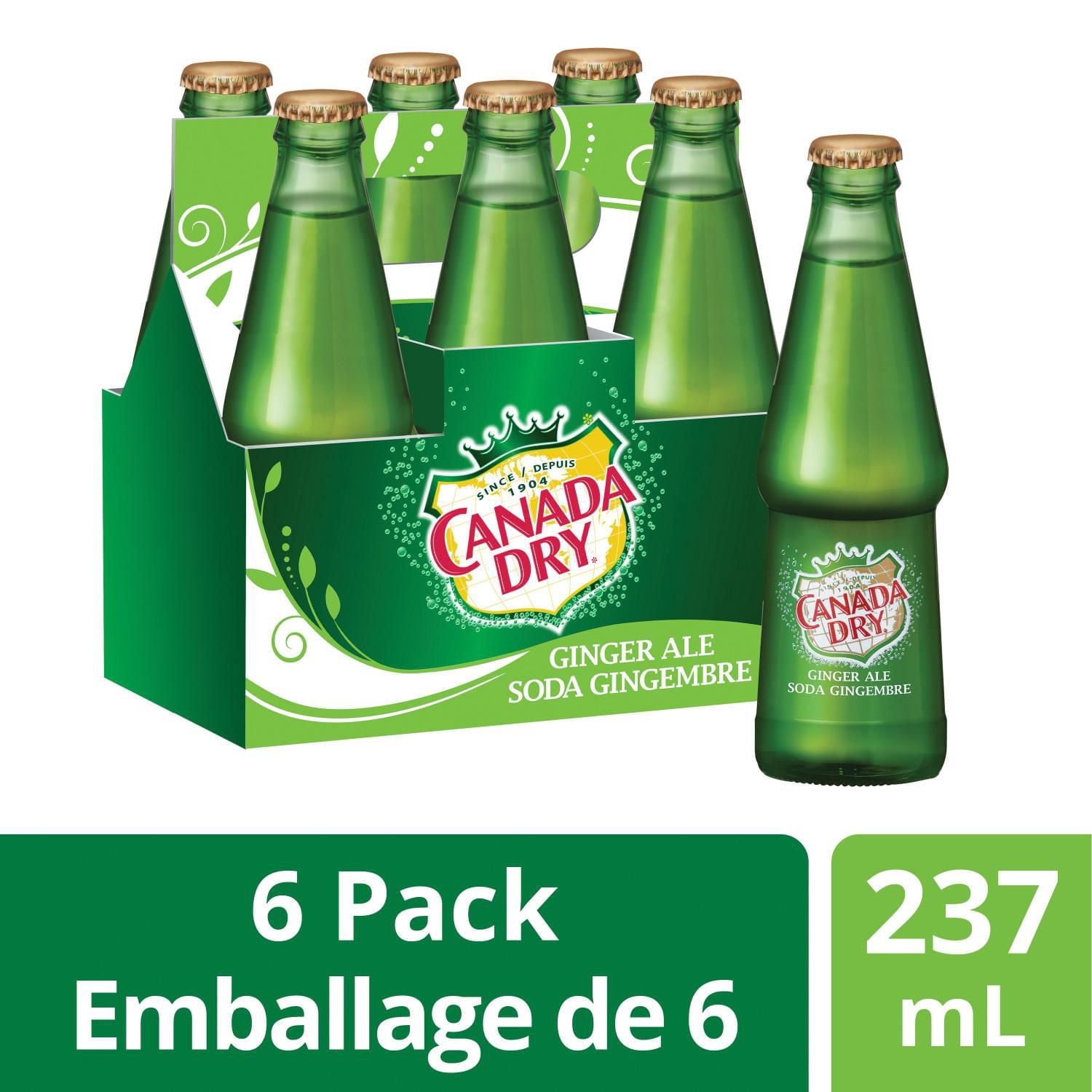 Canada Dry Ginger Ale 237 mL Glass Bottles, 6 Pack