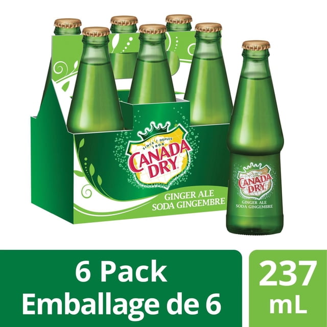 Canada Dry Ginger Ale 237 mL Glass Bottles, 6 Pack featuring six green glass bottles with gold caps in a green carrier displaying the Canada Dry logo and bilingual ginger ale soda text, plus one bottle shown separately, suitable for chilled refreshment or cocktail mixing.