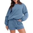 thumbnail image 1 of IROINNID Survêtement pour Femmes Ensemble 2 Pcs Rabais Blouse à Col Rond Hauts à Manches Longues Chandail Shorts Ensemble Décontracté Ensemble de Jogging, Bleu, 1 of 9
