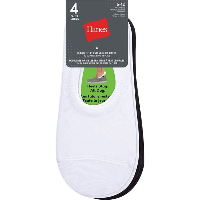 Doublures Plates en Tricot Durables Invisibles par Hanes, Lot de 4 Paires en Blanc et Noir pour Chaussures pour Hommes Tailles 6-12, avec Talon Antidérapant Qui Reste en place Toute la Journée, Fabriqué au Pakistan, Lavable à la machine, Convient aux Chaussures Basses et au Port Décontracté.