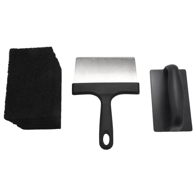 Versatility Griddle Cleaning Kit Grill Cleaner Tool Set for Hot or Cold Surfaces Scraper Cleaning Brushes,1 x stainless steel griddle scraper 5 x Scouring Pad 1 x handle