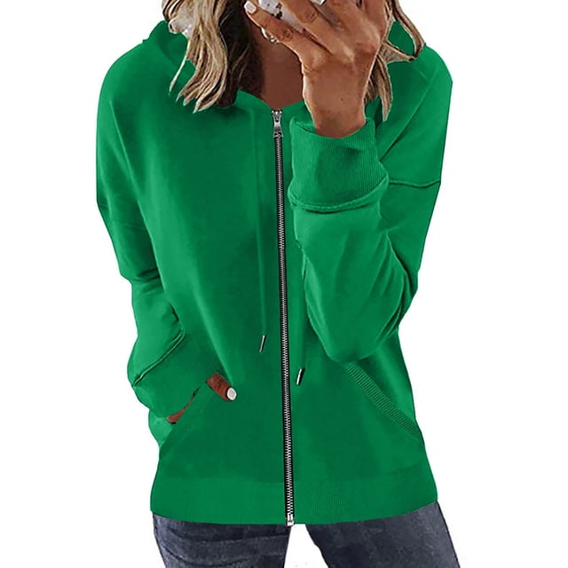 PEZHADA Économies d'Automne Chandail à Capuchon à Fermeture à Glissière Décontracté pour Femme, Veste Ouverte à l'Avant, Coupe Ample, Manteau à Manches Longues avec Cordon, Chandail à Capuchon avec Poche, Vert