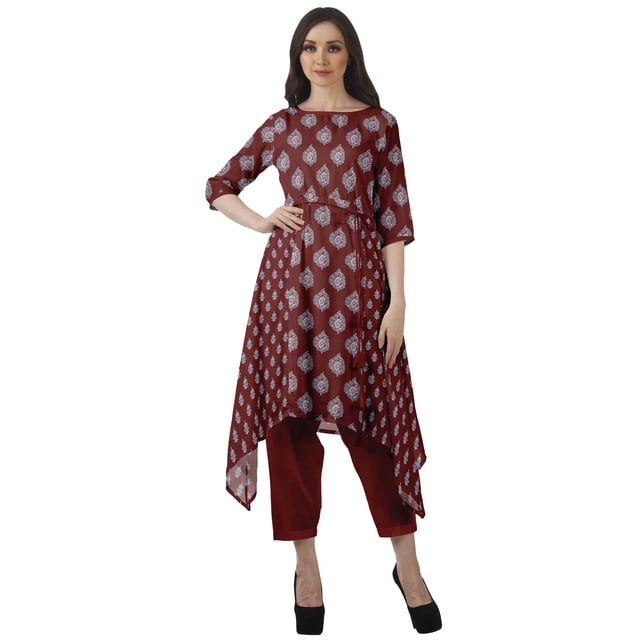 Moomaya Printed Traditional Clothing Womens Asymmetric Kurti Kurta With Pant Set