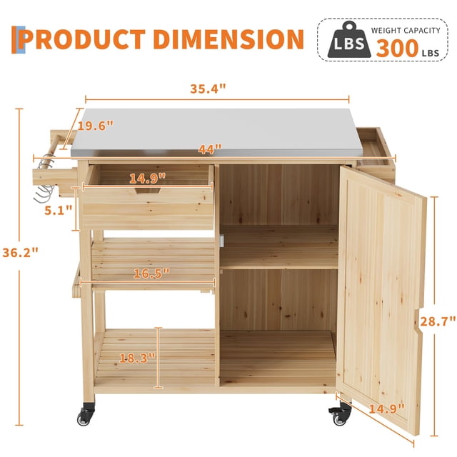 AKDSteel Chariot de Gril d'Extérieur en Bois Robuste avec Dessus en Acier Inoxydable, Armoire de Rangement, Tiroir, Étagères Ouvertes et Roues Verrouillables, Îlot de Cuisine Roulant Portable et Table de Préparation de Bbq pour Patio