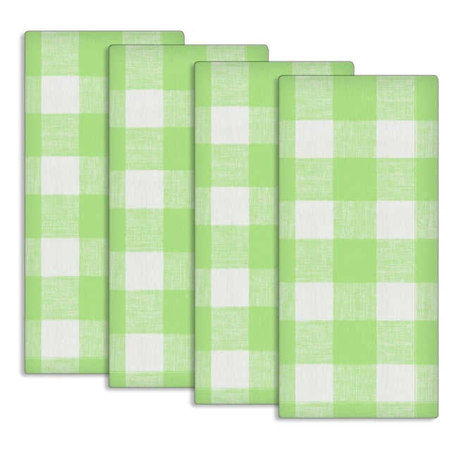 Fabstyles Country Check Cotton Set of 4 Kitchen Towel in green and white check pattern, 100% cotton, 18 by 28 inches each, shown stacked with woven texture, suitable for drying dishes or hanging on oven handles as kitchen linens.