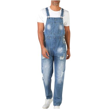 Besolor Salopette à Bavette en Denim Déchiré pour Homme, Décontractée, Ample, Bretelles Ajustables, Jambe Droite Grand, Combinaison en Jean avec Poches