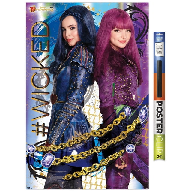 Disney Descendants 2 - Wicked Affiche Murale, 14,725 Po x 22,375 Po Encadrée Présentant Deux Personnages en Tenues de Cuir Bleu et Violet Cloutées, Debout Dos à Dos avec Chaîne Dorée et Graphiques de Pierres Précieuses sur un Fond Abstrait vibrant avec Texte #Wicked, Convient à la Déco Murale de Chambre Ou de Dortoir.