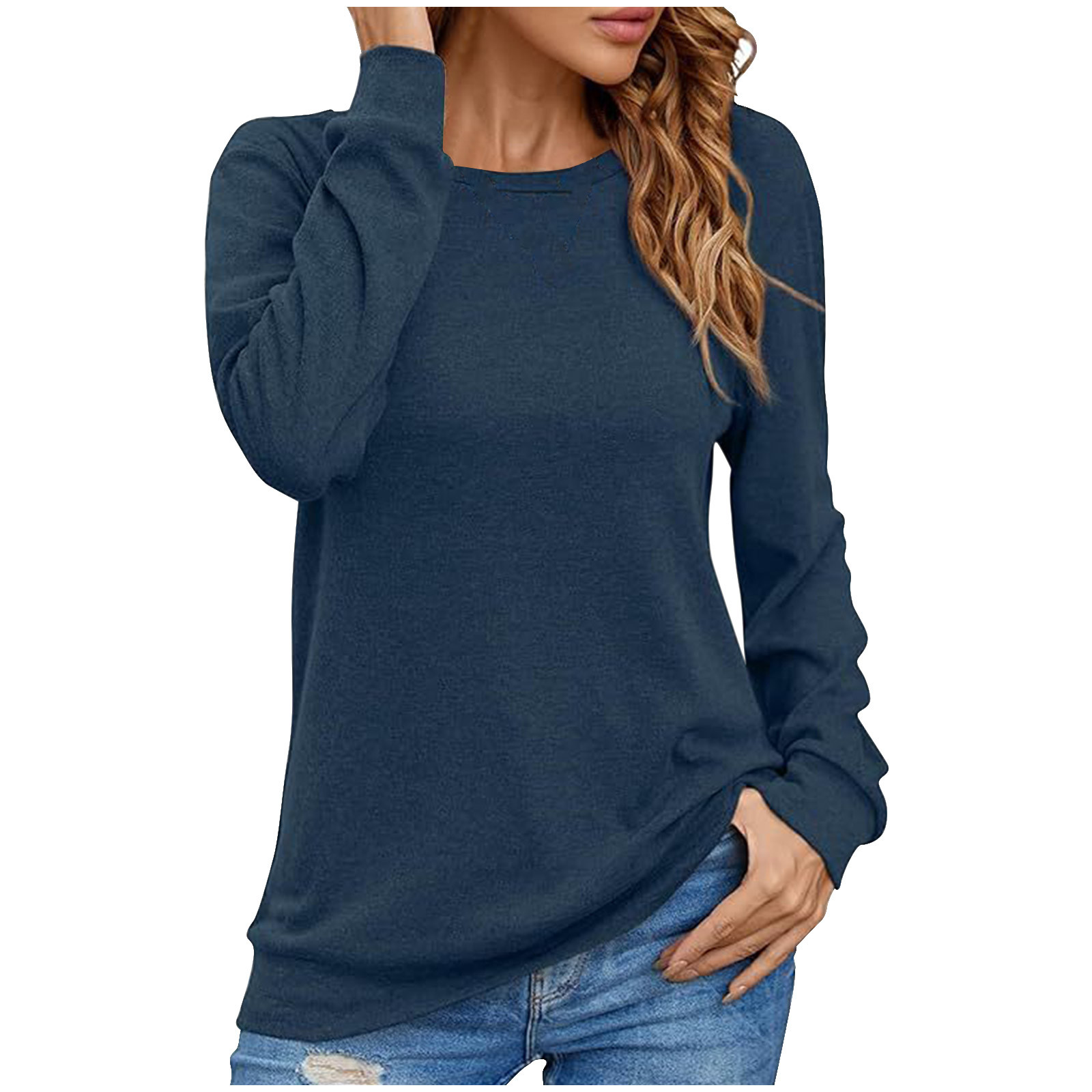 FAIWAD Womens Spring Tunics Tops Long Sleeve Round Neck Loose Casual Pullover Tops Basic Solid Color Tops
