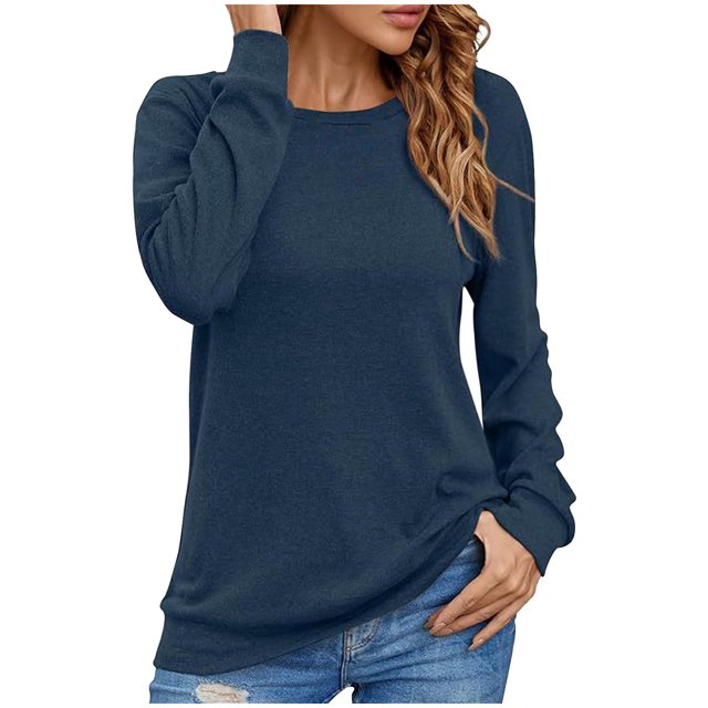 FAIWAD Womens Spring Tunics Tops Long Sleeve Round Neck Loose Casual Pullover Tops Basic Solid Color Tops