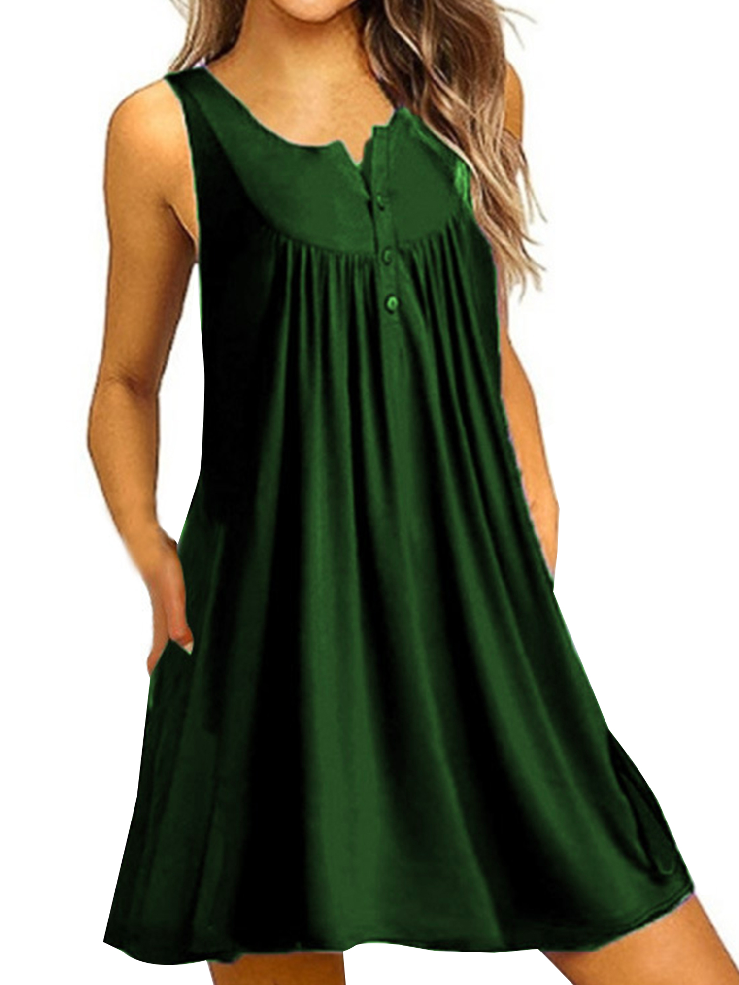 Innerwin Mini Dress Button Women Sundress Beach Solid Baggy Bohemian Green L