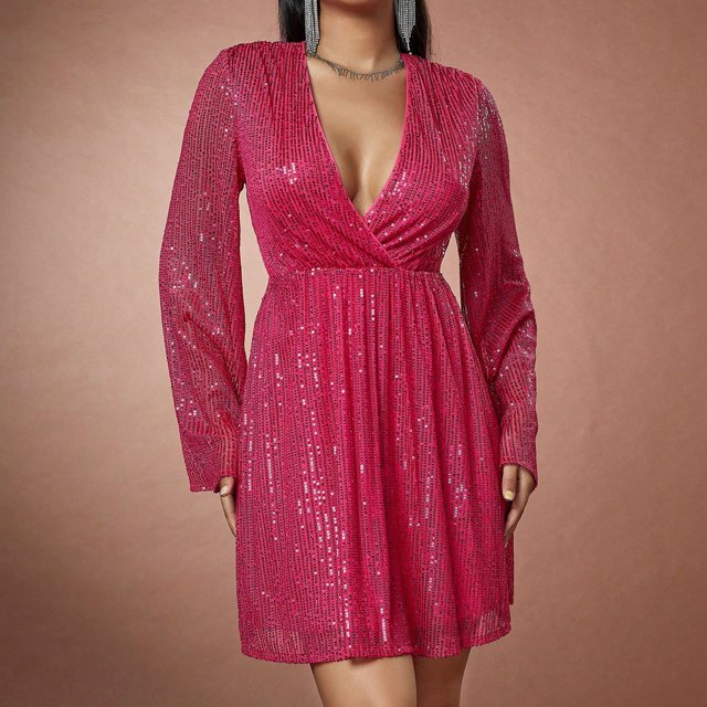 UPPADA Robe de Cocktail pour Femmes avec Paillettes Robe de Fête Décolleté en V Profond Robe à Manches Longues Ourlet Fluide Robe Portefeuille Robe Trapèze Aubaines Alin 2024 Ados