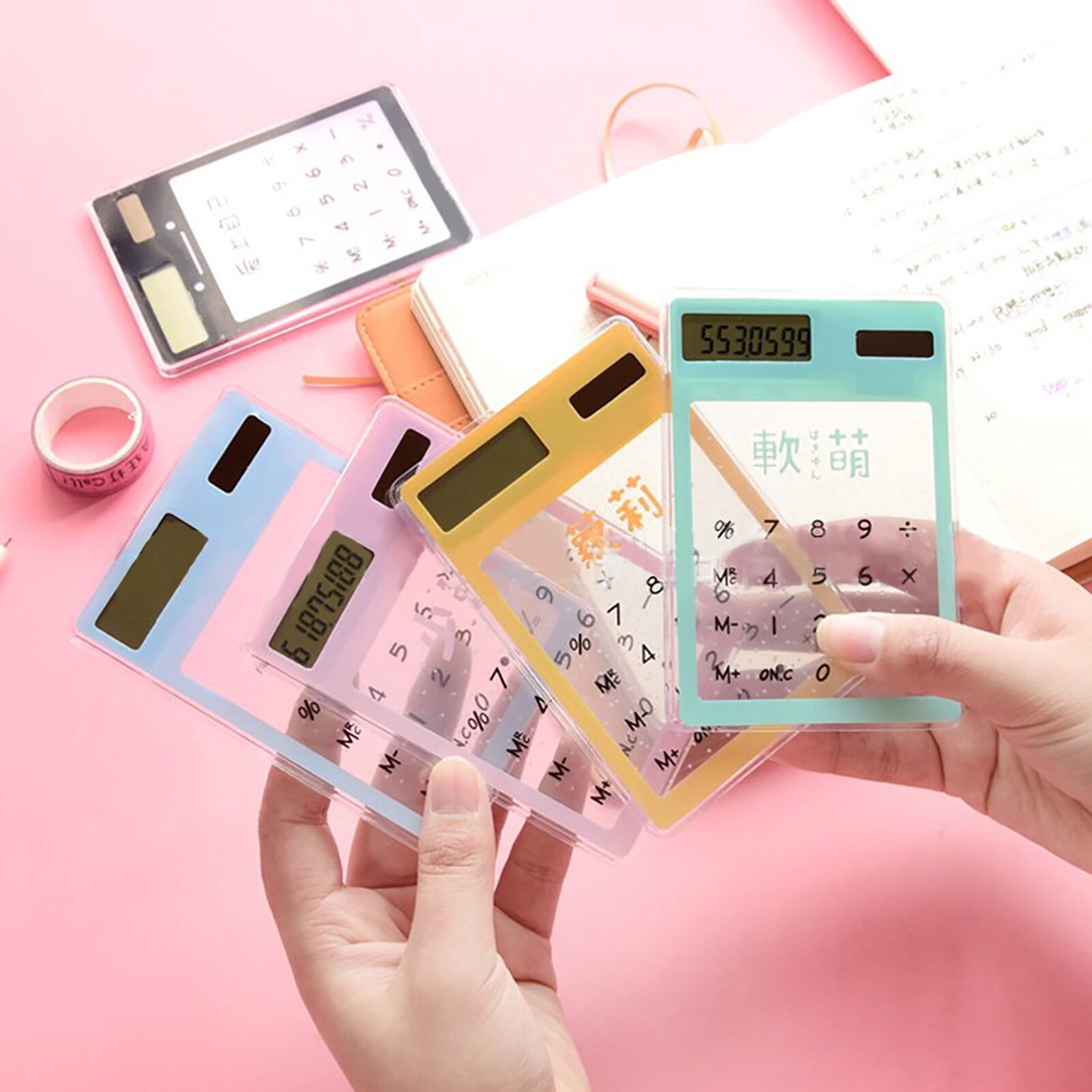 1pcs Mini Calculator Cute Cartoon Ultra-thin Transparent Solar Calculator Portable Children's School Office Supplies Random Colors