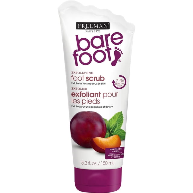 Freeman Bare Foot Peppermint & Plum Foot Scrub in a 150 mL white tube with purple cap, featuring plum and peppermint visuals, formulated with pumice to exfoliate rough skin and renew tired feet, suitable for regular foot care.