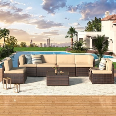 YODOLLA 7-Piece Patio Furniture Set, Brown Rattan Wicker Outdoor Sectional Sofa Couch with Table Patio Conversation Set for Lawn& Backyard In Beige