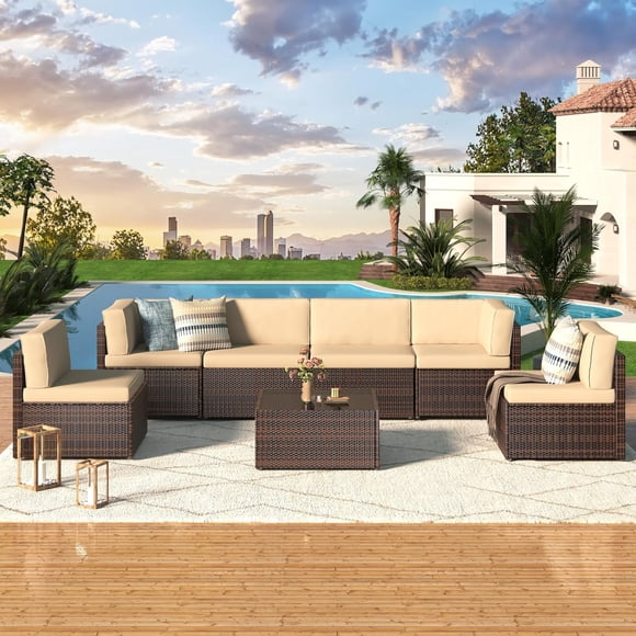 YODOLLA Ensemble de Mobilier de Jardin 7 Pcs, Canapé d'Angle Extérieur en Rotin Brun avec Table, Idéal pour la Pelouse et le Jardin, Couleur Beige.