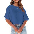 thumbnail image 2 of Fgnfyis T-Shirts Courts à Col Rond pour Femmes, Manches Courtes, Épaules Dénudées, Hauts Courts, T-Shirts pour Femmes, Bleu, M, 2 of 6
