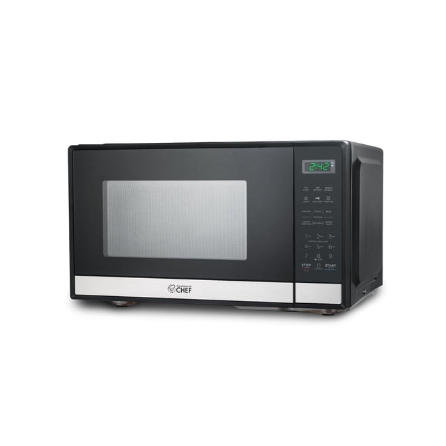 COMMERCIAL CHEF Small Microwave 0.9 Cu. Ft. Countertop Microwave with Touch Controls and Digital Display, black with stainless steel front panel, featuring a digital clock, preset menus for popcorn, potato, pizza, frozen vegetable, beverage, and dinner plate, numeric keypad, start and stop buttons, and a push-handle door, shown from a front 3/4 angle on a white background. Its compact size is suitable for kitchens, apartments, dorms, and RVs.
