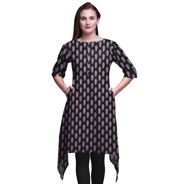 Bimba Kurti Asymétrique Noire à Imprimé Floral en Blocs pour Femmes, Robe d'Été Indienne Tunique, Très Grand