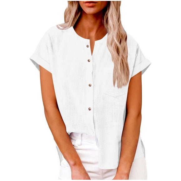 Pisexur Cotton Linen Tops for Women Casual Crewneck Short Sleeve Button Down Going Out Tops Summer Loose Breathable Womens Blouses S-2XL White