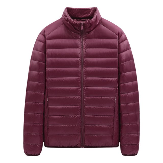 MAWCLOS Mens Windproof Solid Color Coat Winter Packable Puffer Jacket in claret, size 2XL. This lightweight jacket features a stand collar, full-zip front, and long sleeves. Made from 100% polyester, it is designed for warmth and comfort during autumn and winter. The solid color design includes two side pockets and a hip-length cut, making it suitable for casual outings, traveling, or outdoor activities.