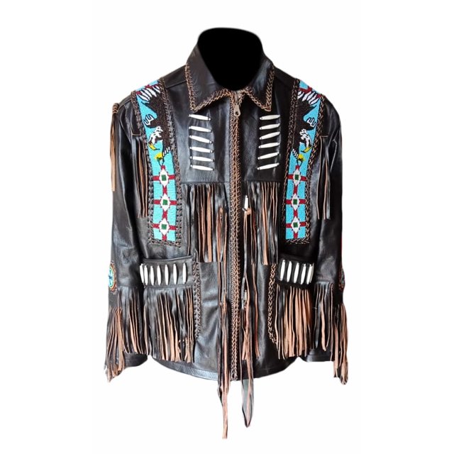 Classyak Men's Western Cowboy Fringes, Bones & Beads Real Leather Coat