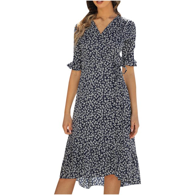 Chaussures Habillées pour Femmes Mode Décontractée Col en V Chiffon Floral Boho Plage Manches Courtes Robe Manches Courtes Robe Boho Plage Robe Courte Boho Sandales Mode pour Femmes