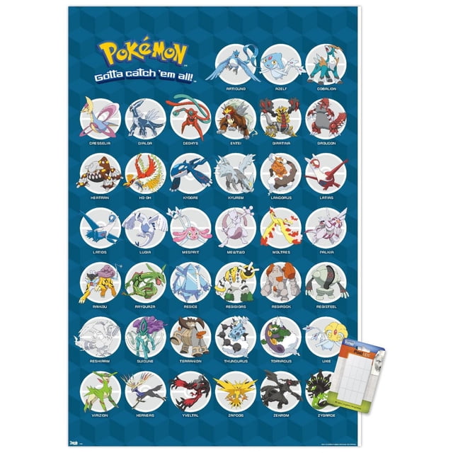 Pokémon - Legendary Wall Poster, 22.375" x 34" framed, displaying 36 legendary Pokémon including Articuno, Azelf, Cobalion, Cresselia, Dialga, Deoxys, Entei, Giratina, Groudon, Heatran, Ho-Oh, Kyogre, Kyurem, Landorus, Latias, Latios, Lugia, Mesprit, Mewtwo, Moltres, Palkia, Raikou, Rayquaza, Regice, Regigigas, Regirock, Registeel, Reshiram, Suicune, Terrakion, Thundurus, Tornadus, Uxie, Virizion, Herneas, Yveltal, Zapdos, Zekrom, and Zygarde. The poster has a blue geometric patterned background with each Pokémon inside white circles. Includes 16 sticky PostUps tabs for easy, damage-free hanging, suitable for bedrooms, offices, or dorm rooms.