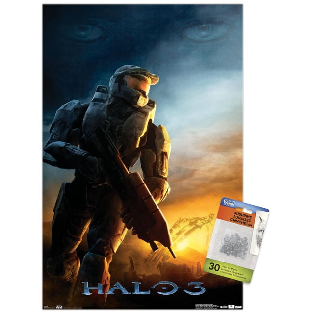 Halo 3 - Affiche Murale « Awakening », 22,375 Po x 34 Po, Représentant un Soldat Blindé Futuriste Tenant un Fusil sur un Champ de Bataille au Coucher du Soleil avec un Grand Visage Léger dans le Ciel, Imprimée sur Papier Lustré aux Couleurs Vives, Convient pour Décorer des Chambres, des Bureaux Ou des Salles de Jeux.
