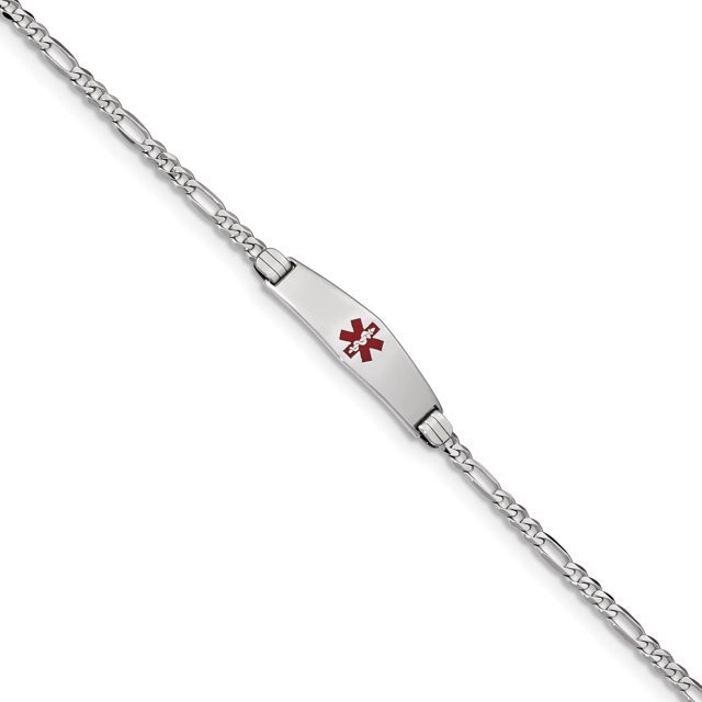 Bracelet Médical en Or Blanc 14K Forme Diamant Doux Émail Rouge Figaro Link ID