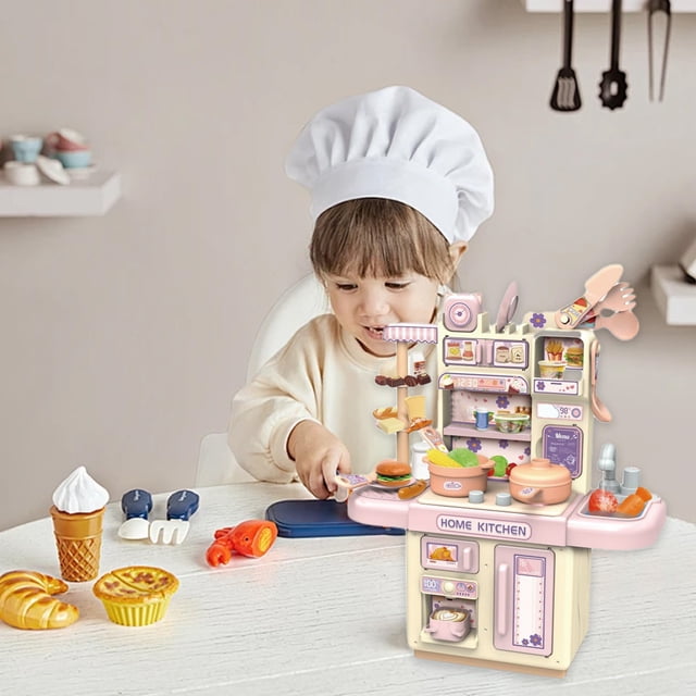 TIMIFIS Maison de Jeu Mini Cuisine Ensemble de Jeu Jouet 33 Pcs Cuisine de Jeu avec Vapeur et Lumières Réalistes Jeu de Rôle Aliments Factices et Ensemble de Jeu de Cuisine Mini Accessoires de Cuisine F Éducation