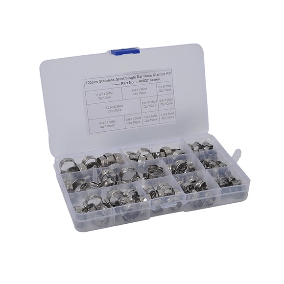 FRCOLOR hose clip 100PCS Stainless Steel Single Ear Hose Clamps 10 Types Hydraulic O-Clips Fuel Air Pipe Clamps,0.79"X0.79"X0.28"