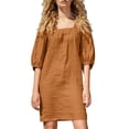 thumbnail image 1 of Mrat Robe en Coton et Lin pour Femmes Vêtements Décontractés Couleur Unie Col Carré Manches Mi-Longues Robe Courte Ample S-42 Marron TG, 1 of 4