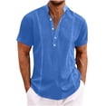 thumbnail image 1 of JIUKE Mens T-Shirts Cotton Linen Shirts Short Sleeve V Neck Buttons Stand Collared Top Summer Solid Color Tees, 1 of 6