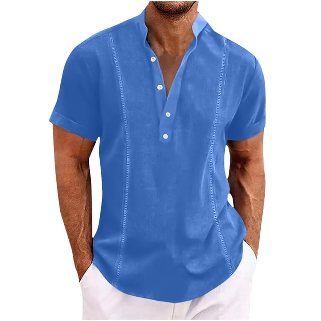 JIUKE Mens T-Shirts Cotton Linen Shirts Short Sleeve V Neck Buttons Stand Collared Top Summer Solid Color Tees