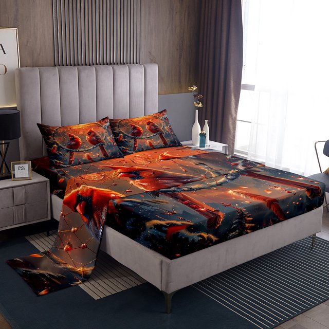 Ensemble de Draps pour Lit de Cardinal Attrape-Rêves Ensemble de Draps Double, Draps Boho à Plumes Animaux de Safari Drap-Housse, Décor Bohème Exotique
