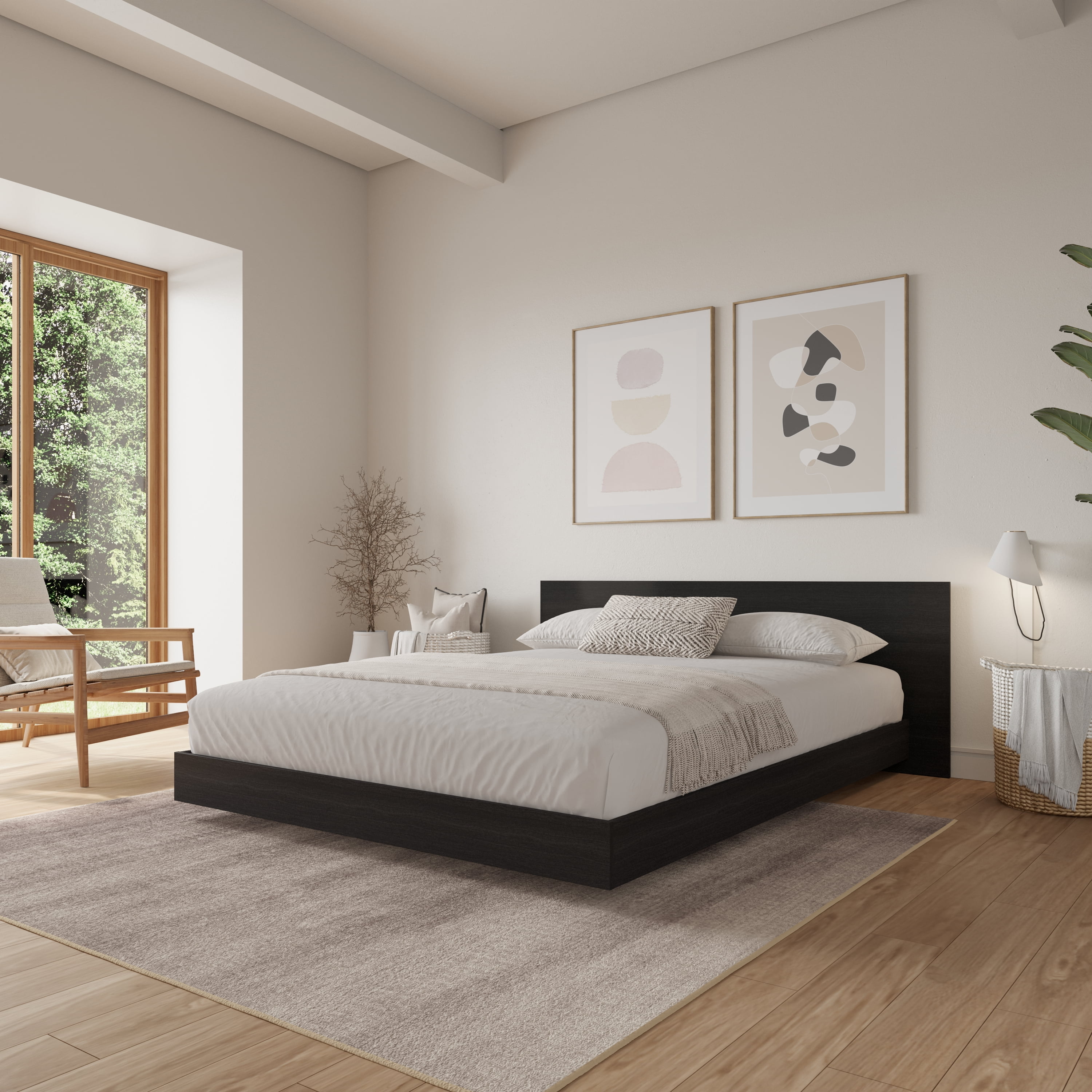 Nexera Satori Low Platform Queen Bed with Headboard, Black Oak
