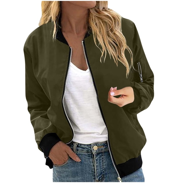 Womens Fashion Jacket Casual Stand Collar Zip Up Lightweight Coat Fall Color Block Jackets with Pockets Army Green S