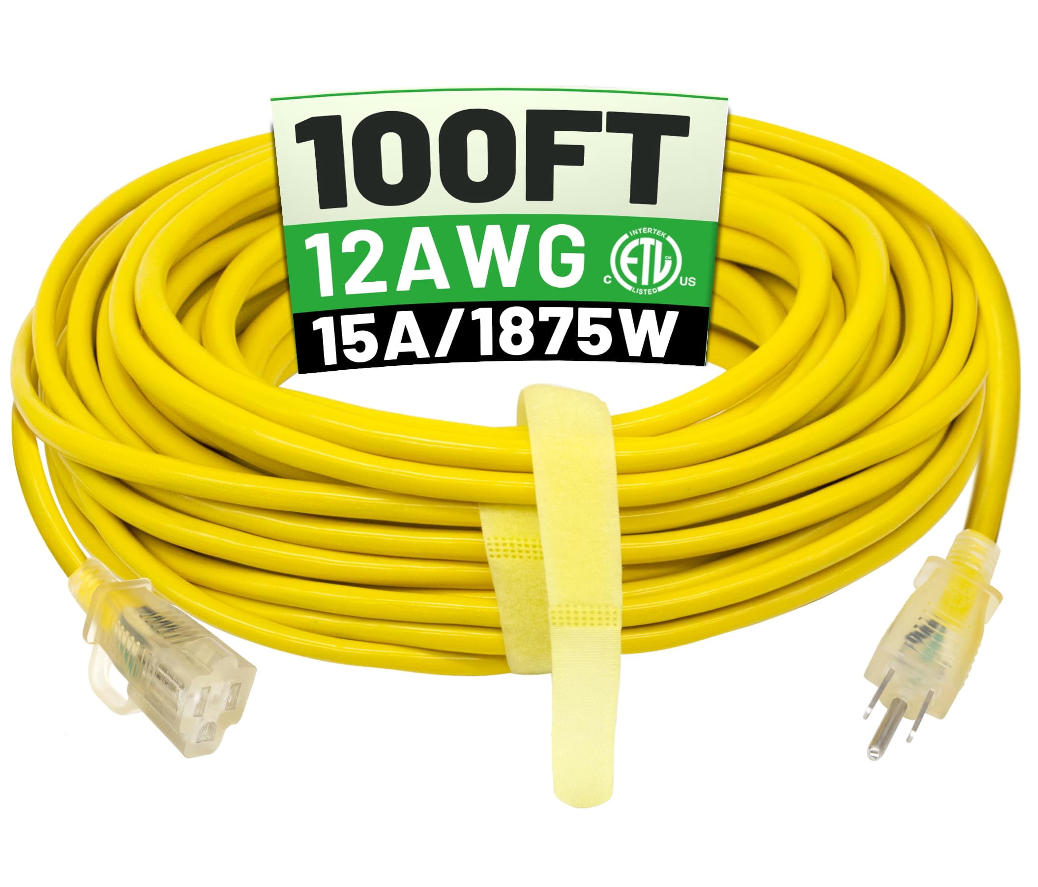 POWGRN 100 ft 12/3 Outdoor Extension Cord Waterproof Heavy Duty with Lighted Indicator End 12 Gauge 3 Prong, Flexible Cold-Resistant Long Power Cord