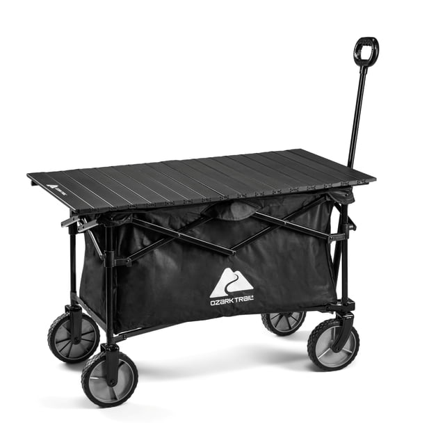 Ozark Trail Folding Table Top for Wagon portable camping surface with aluminum roll-up slat top, strong steel frame with powder-coated finish and easy fold system for quick setup, includes carry bag; also suitable as a picnic prep surface or tailgate work surface.