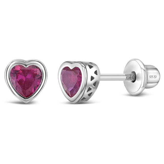 TheJewelryHut Designer CZ BirthStone Children Sterling Silver Earrings featuring heart-shaped red ruby-colored cubic zirconia stones set in sterling silver. Designed for toddlers and young girls, these hypoallergenic earrings include threaded posts and a safety back system for secure wear. A complimentary jewel gift box is included.