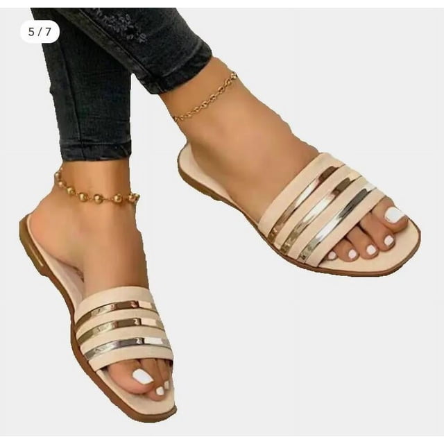 Sandales Plates à Tongs pour Femmes, Chaussures Grande Taille, Surface en Suède, Beige 41=US 9.5
